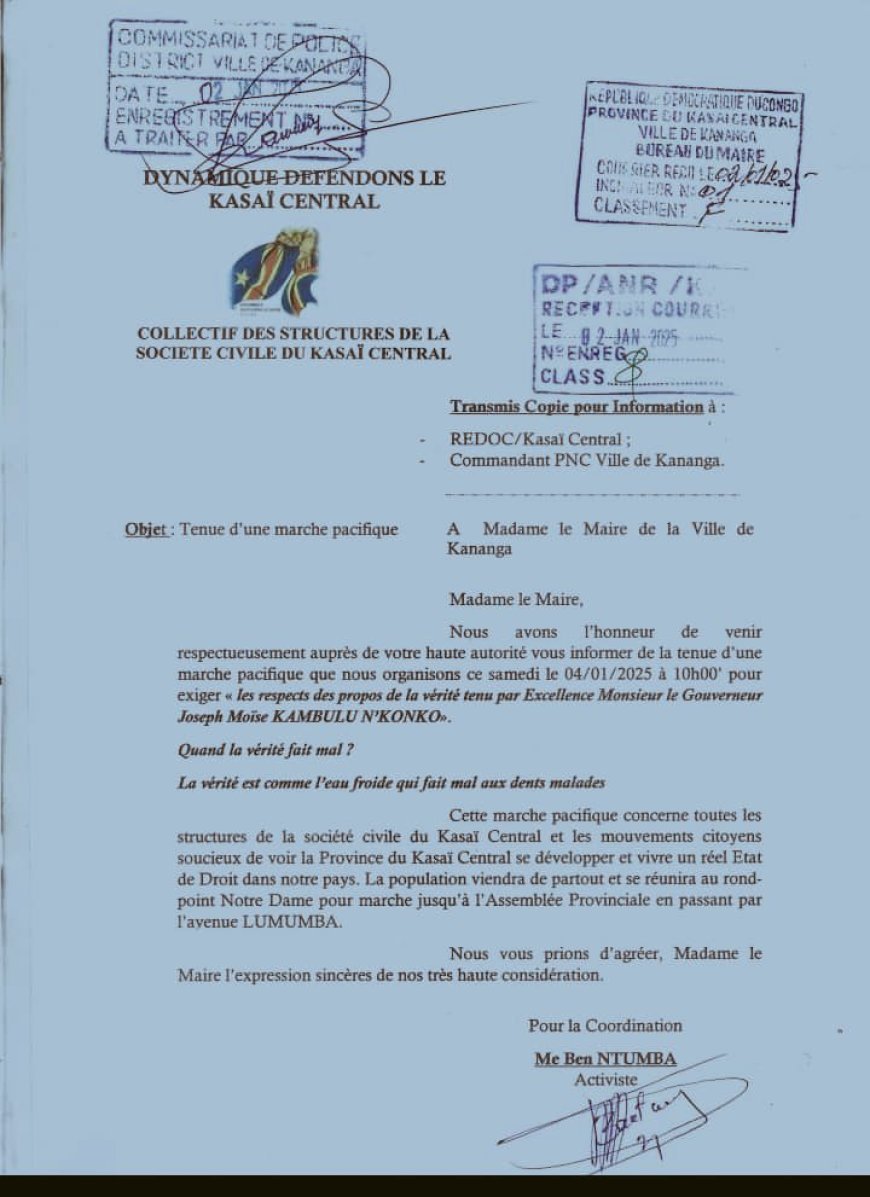 Convocation du Gouverneur du Kasaï Central à Kinshasa : Une marche pacifique annoncée pour exiger le respect de la vérité à Kananga