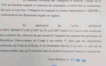 Kinshasa : interdiction stricte d'exploitation d'un véhicule de transport public sans la couleur jaune