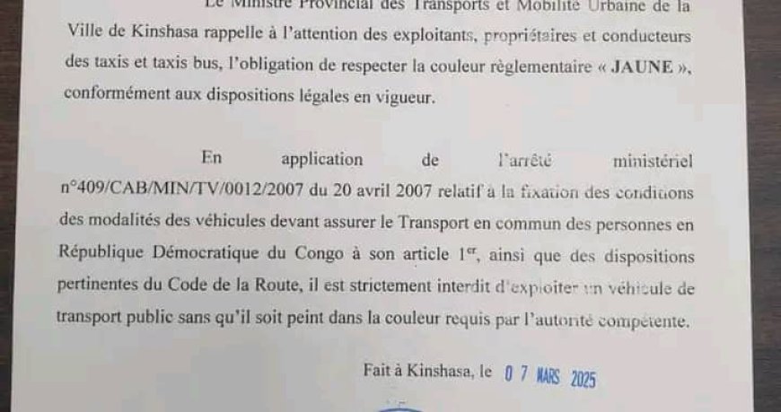 Kinshasa : interdiction stricte d'exploitation d'un véhicule de transport public sans la couleur jaune