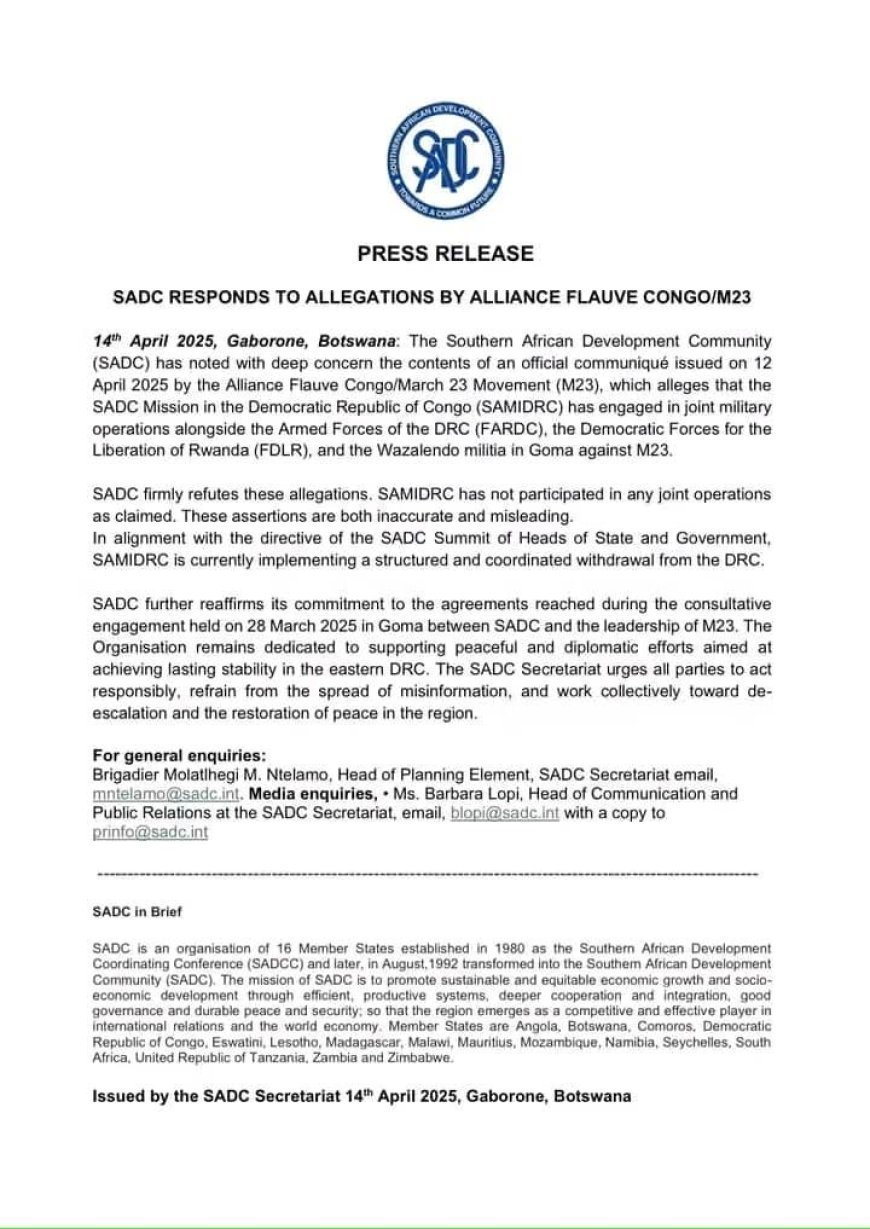La SADC dément fermement les allégations d'opérations conjointes avec les FARDC et les FDLR contre le M23