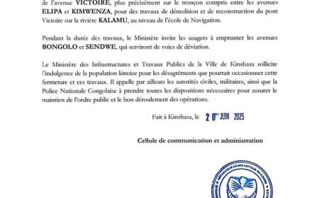 Kinshasa : L'avenue Victoire fermée dès lundi pour la réhabilitation du pont