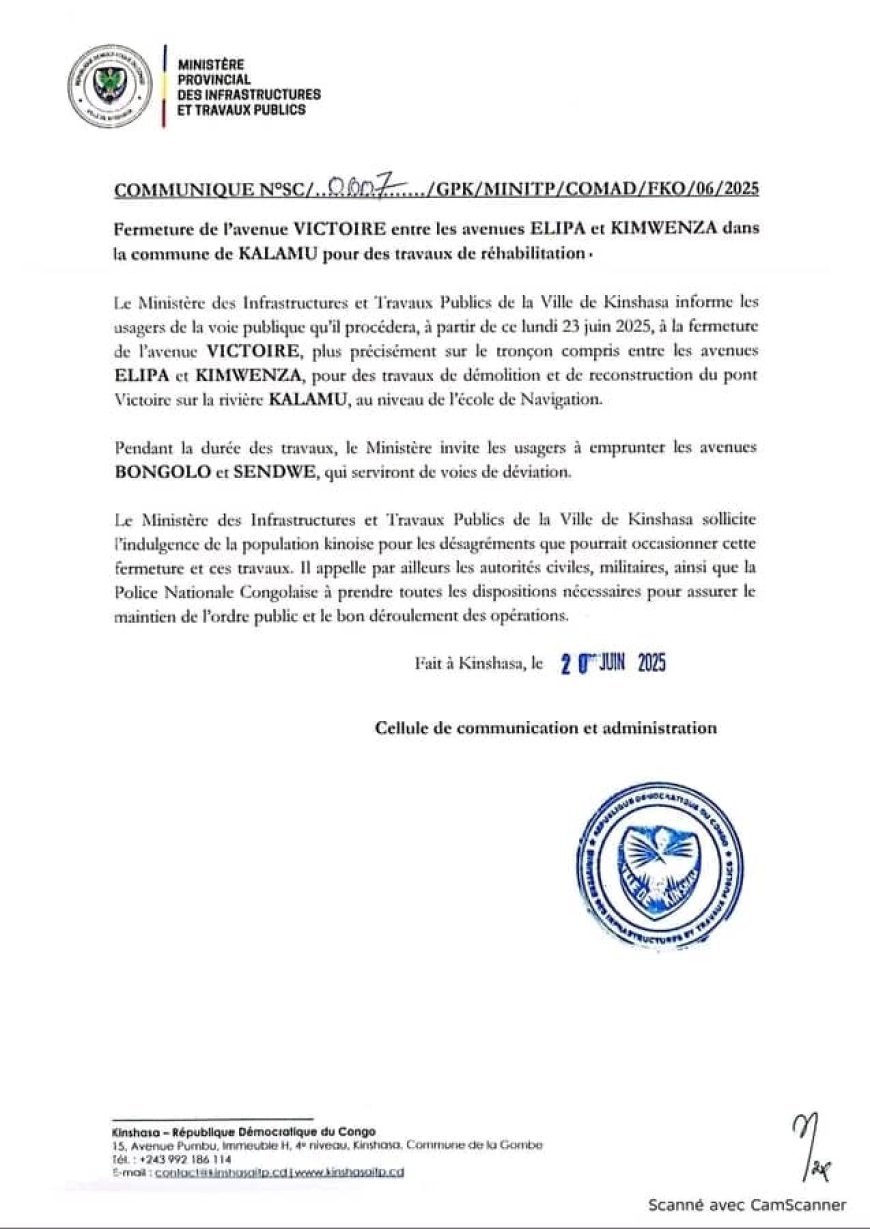 Kinshasa : L'avenue Victoire fermée dès lundi pour la réhabilitation du pont