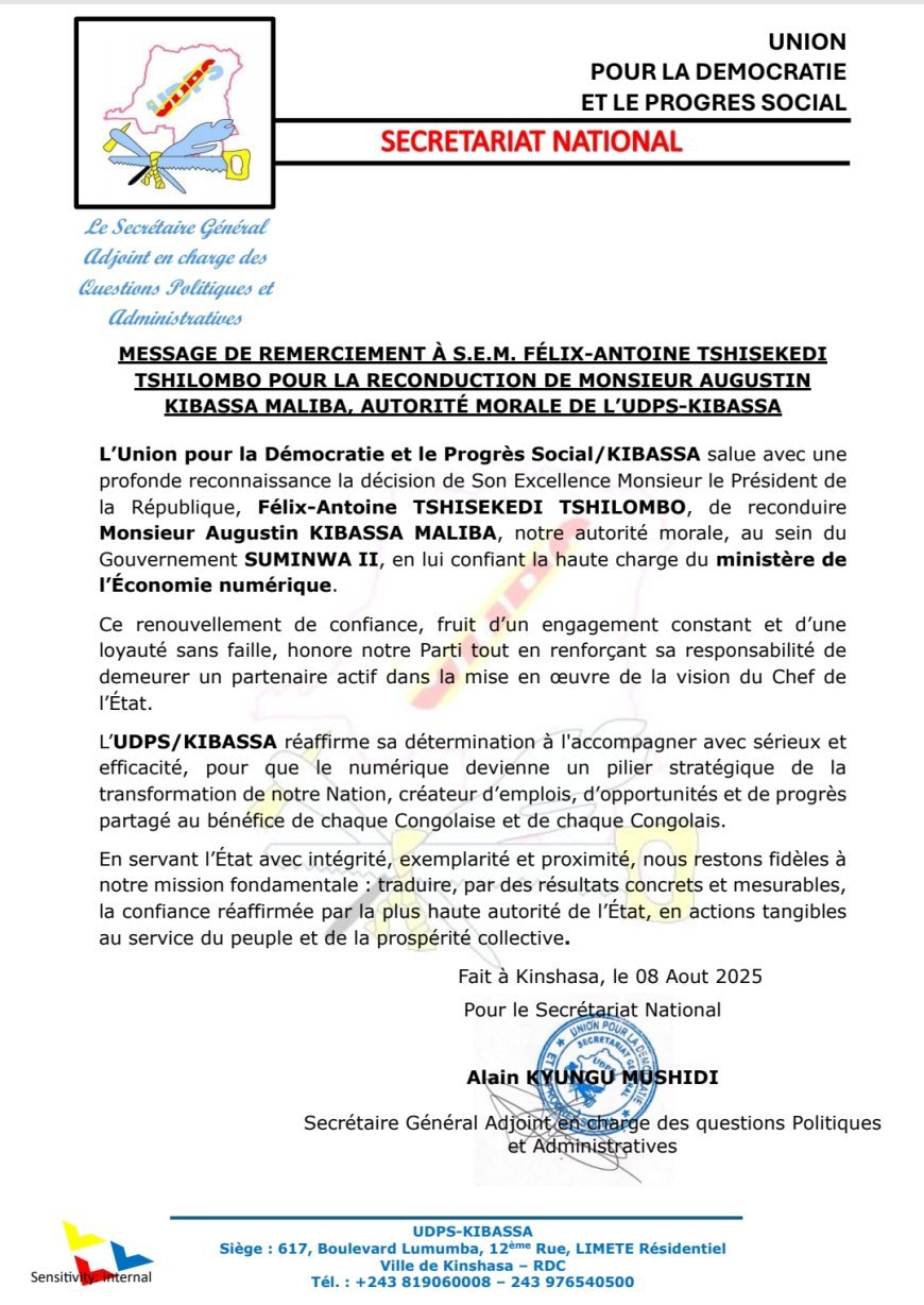 UDPS/Kibassa remercie le Président Tshisekedi pour la reconduction d’Augustin Kibassa Maliba au ministère de l’Économie numérique