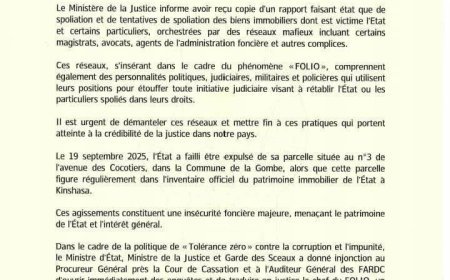 Le ministère de la Justice dénonce un vaste réseau de spoliation foncière à Kinshasa
