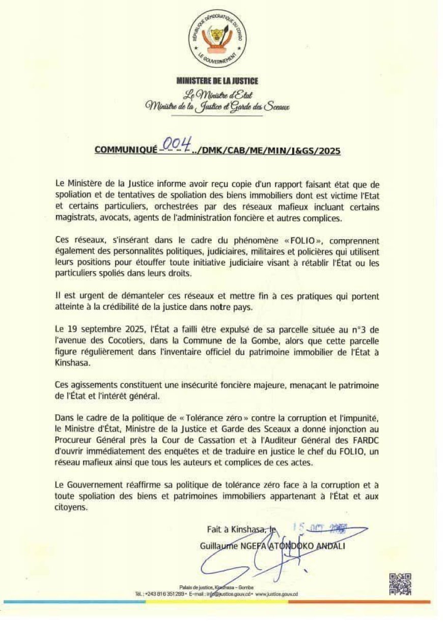 Le ministère de la Justice dénonce un vaste réseau de spoliation foncière à Kinshasa