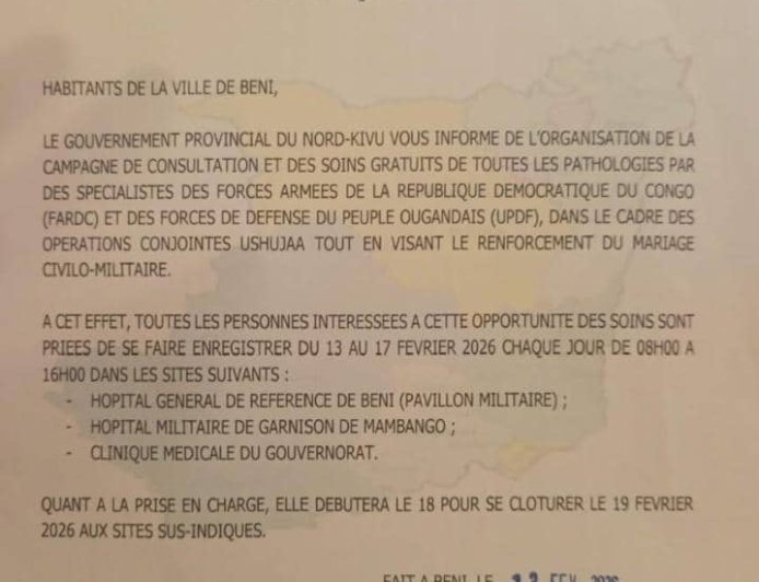 Nord-Kivu : Les armées congolaise et ougandaise lancent une campagne de soins gratuits à Beni