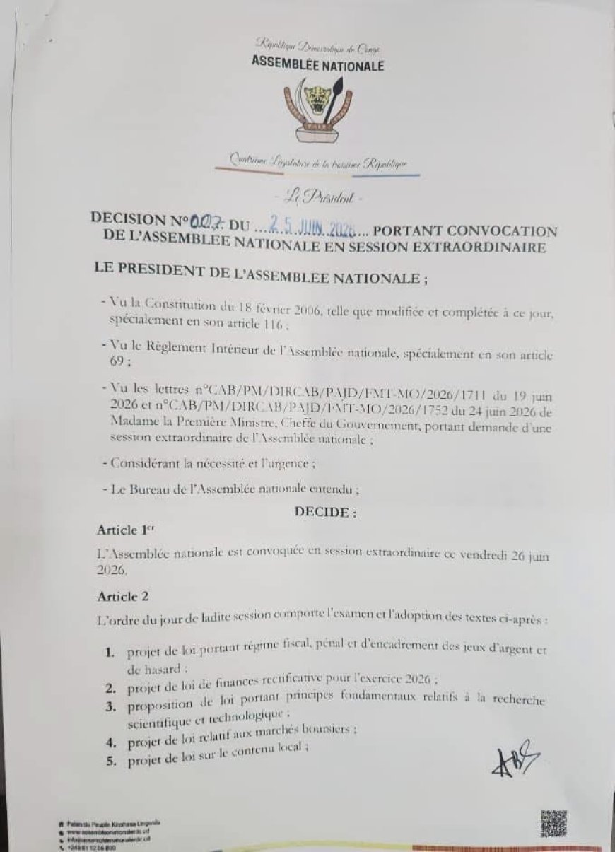 ## RDC : Convocation d'une session extraordinaire à l'Assemblée nationale pour des réformes législatives urgentes