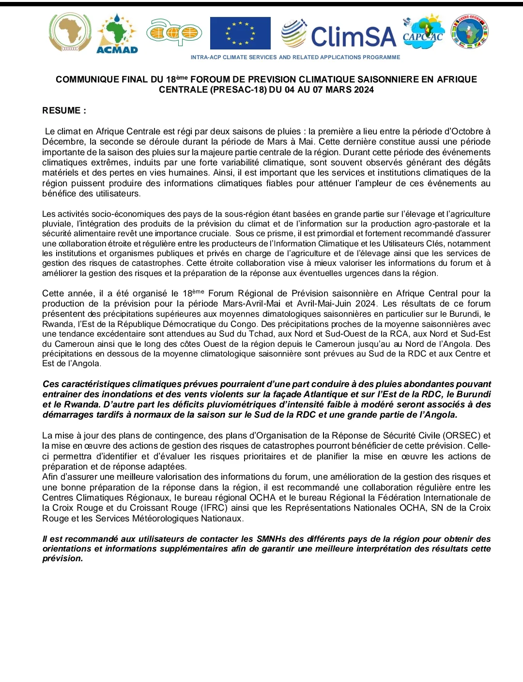 18ème Forum de prévision climatique saisonnière en Afrique centrale : Ce qu'il faut retenir…