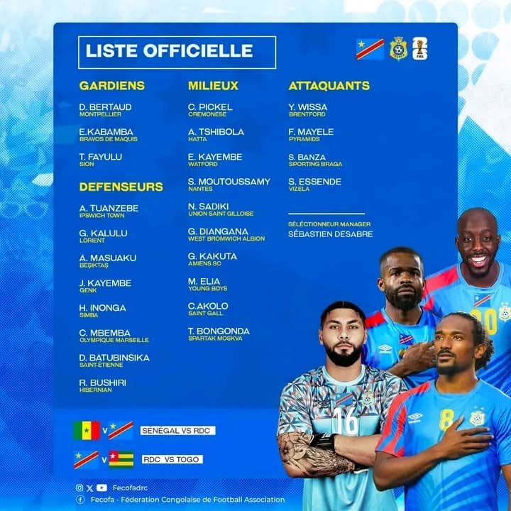 Éliminatoires de la Coupe du Monde 2026 : Sébastien Desabre dévoile la sélection des Léopards pour les confrontations contre le Sénégal et le Togo