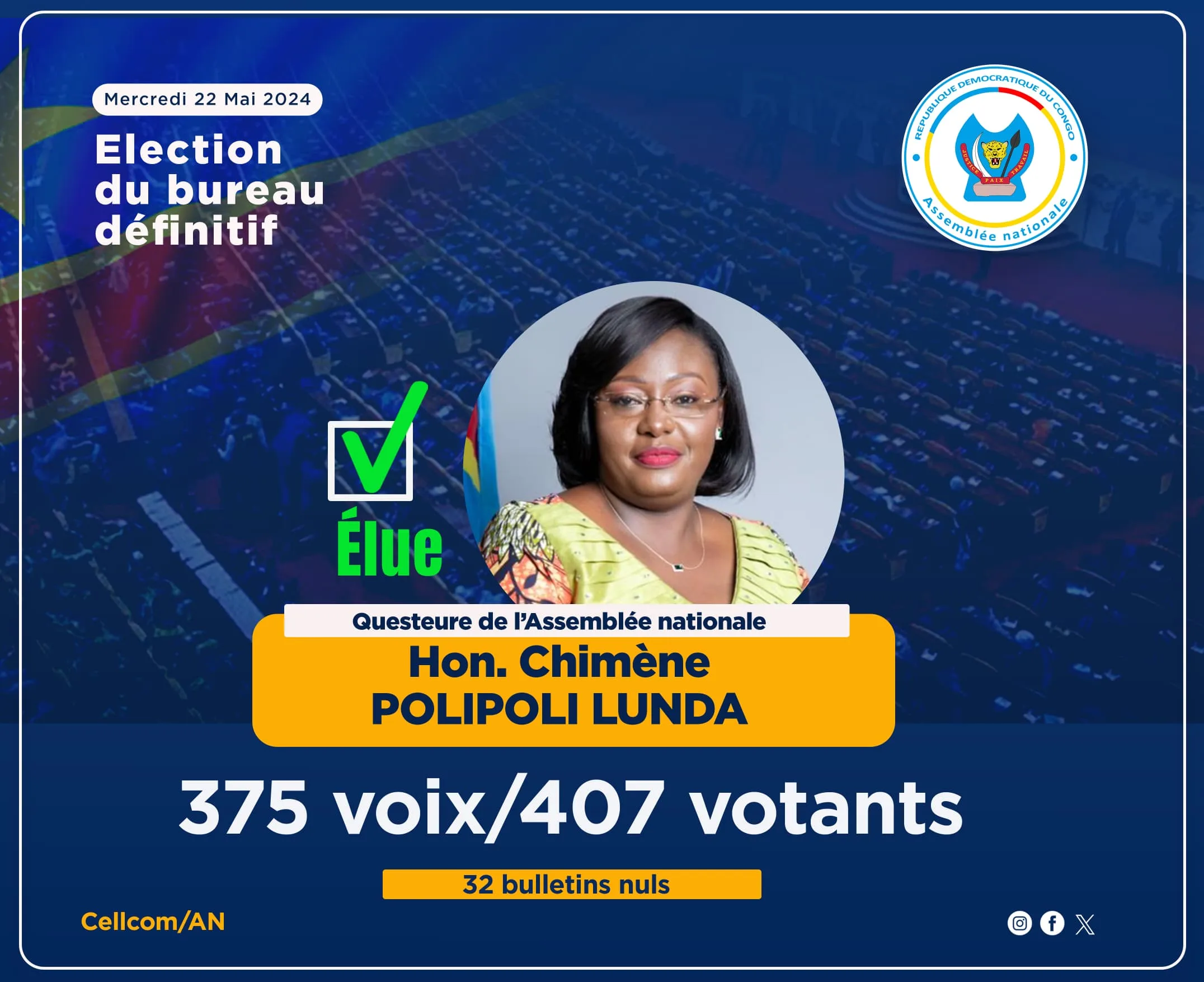 Élections du bureau définitif : Chimène Polipoli élue questeure de l'Assemblée nationale de la RDC