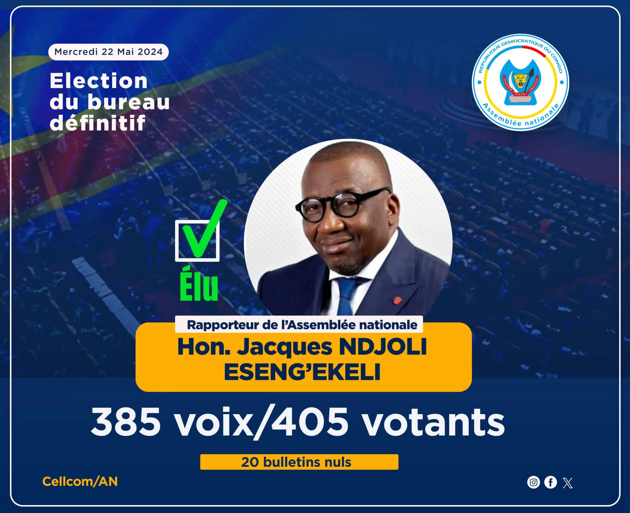 Élections du bureau définitif : Jacques Djoli élu rapporteur de l'Assemblée nationale de la RDC