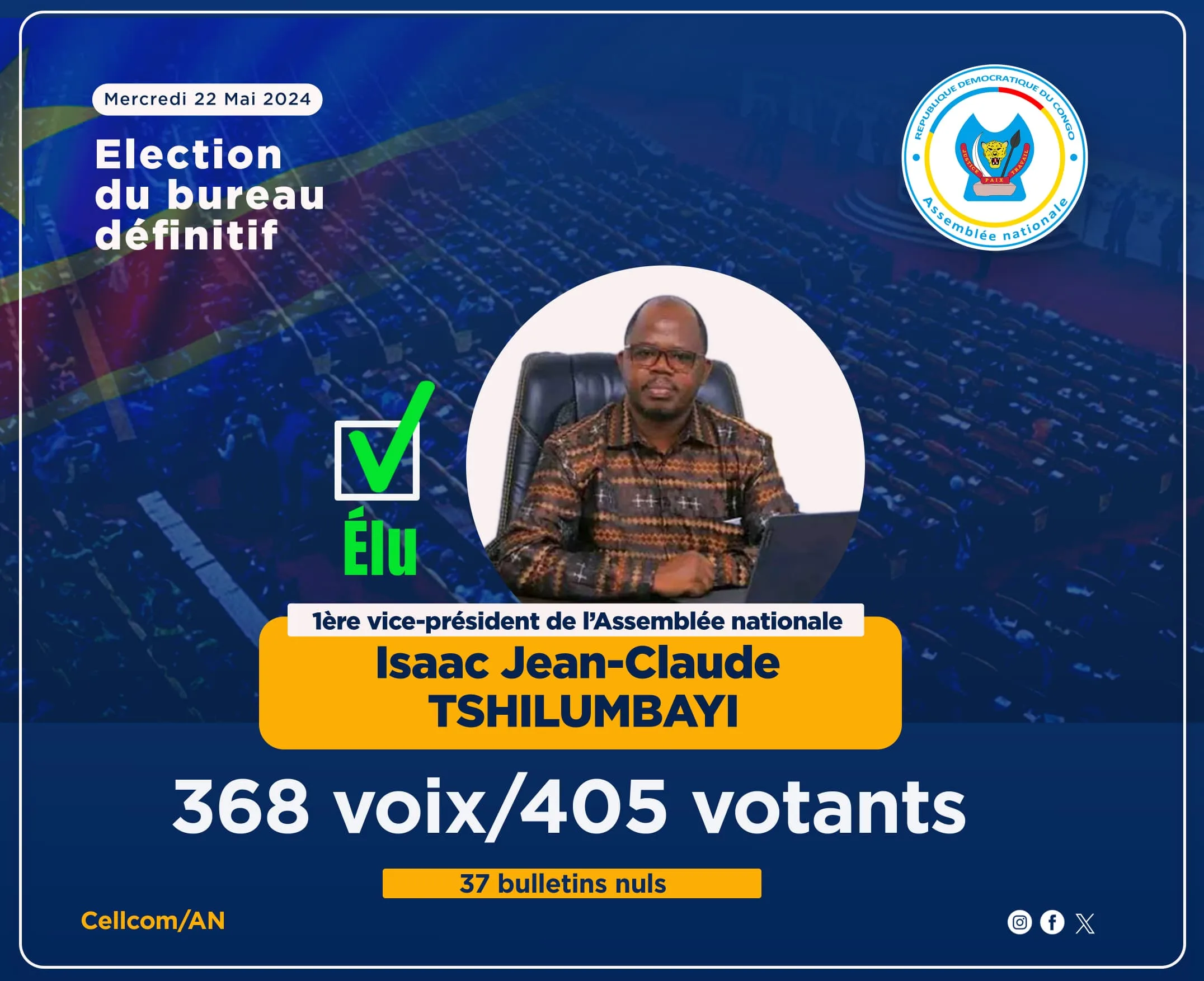 Élections du bureau définitif : Député Jean-Claude Isaac Tshilumbayi élu premier Vice-Président de l'Assemblée Nationale de la RDC