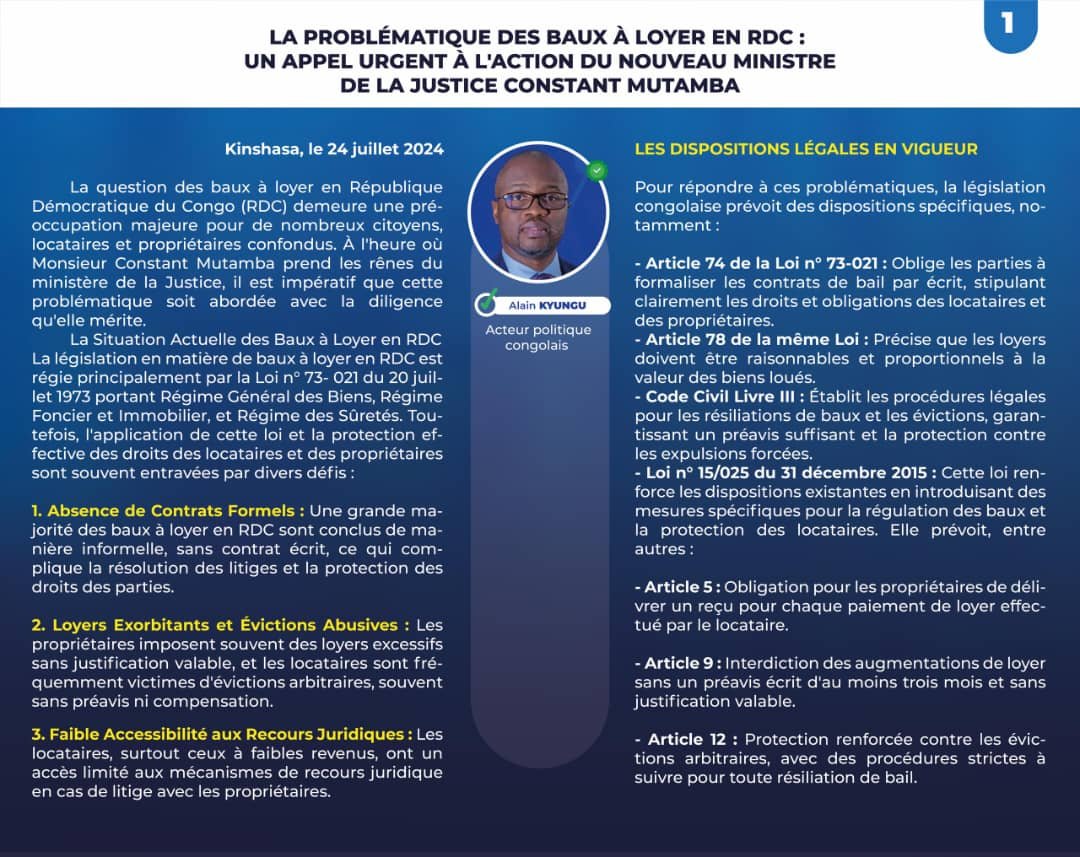 Quid de la problématique des baux à loyer en RDC-Kinshasa? Alain Kyungu interpelle Constant Mutamba